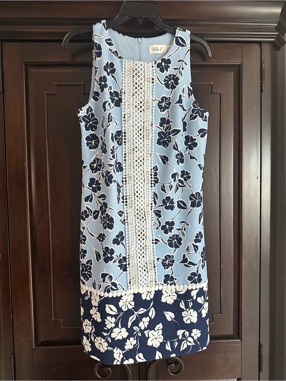 Eliza J Light Blue and Navy Floral Shift Dress with Crochet Panel